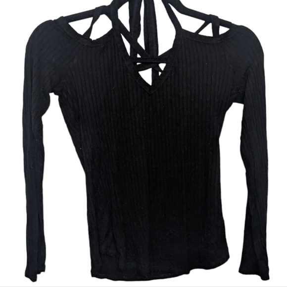 Black Criss Cross Open Back Long Sleeve Top S ✨🖤 - Picture 1 of 10